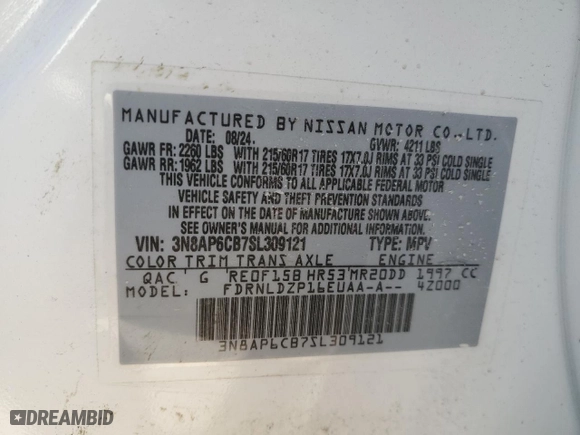 2025 Nissan Kicks SV with VIN 3N8AP6CB7SL309121, listed as a Copart auction lot 43085185 with 8,976 mi miles and Salvage Title. Bid and sale history available at carsss.com. Image 15.