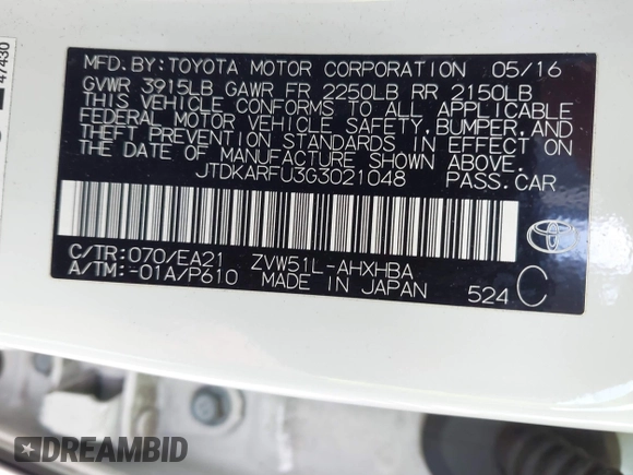 2016 Toyota Prius Four with VIN JTDKARFU3G3021048, listed as a IAAI auction lot 41633306 with 120,632 mi miles. Bid and sale history available at carsss.com. Image 9.