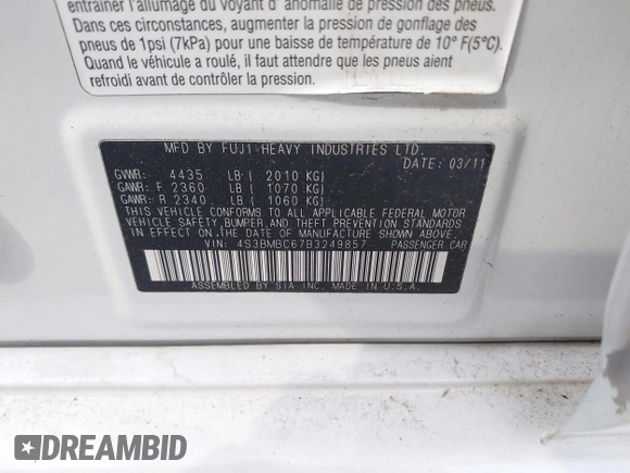 2011 Subaru Legacy Premium with VIN 4S3BMBC67B3249857, listed as a IAAI auction lot 42441235 with 185,693 mi miles and . Bid and sale history available at DreamBid. Image 9.