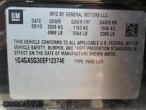 2014 Buick LaCrosse with VIN 1G4GA5G36EF123746, listed as a Copart auction lot 54231325 with 143,777 mi miles and Clean title. Bid and sale history available at DreamBid. Image 12.