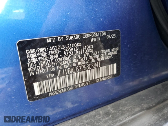 2023 Subaru WRX Limited with VIN JF1VBAL63P9803841, listed as a Copart auction lot 55378155 with 45,347 mi miles and Non repairable. Bid and sale history available at DreamBid. Image 15.