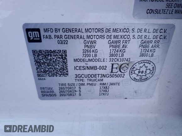 2022 Chevrolet Silverado 1500 with VIN 3GCUDDET3NG505002, listed as a Copart auction lot 88791045 with 99,883 mi miles and Salvage Title. Bid and sale history available at DreamBid. Image 12.