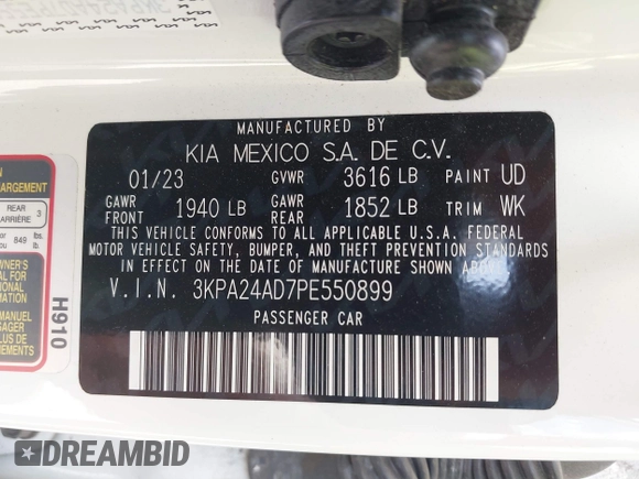 2023 Kia Rio S z VIN 3KPA24AD7PE550899, wystawiony jako IAAI lot #41882407 z przebiegiem 24 966 mil mil oraz . Historia ofert i sprzedaży dostępna na DreamBid. Obrazek 9.