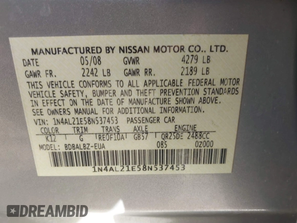 2008 Nissan Altima 2.5 with VIN 1N4AL21E58N537453, listed as a IAAI auction lot 40926249 with 69,150 mi miles. Bid and sale history available at carsss.com. Image 9.