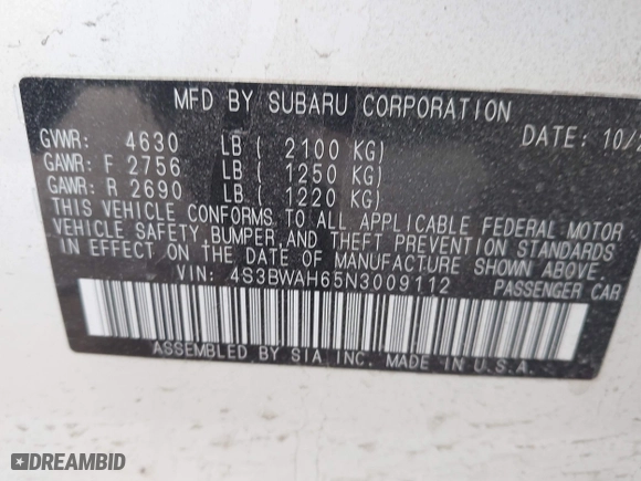 2022 Subaru Legacy Sport with VIN 4S3BWAH65N3009112, listed as a IAAI auction lot 41839285 with 45,383 mi miles. Bid and sale history available at carsss.com. Image 9.