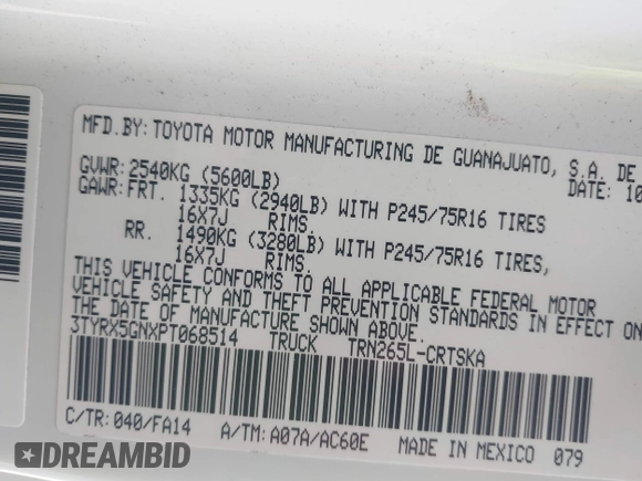 2023 Toyota Tacoma SR с VIN 3TYRX5GNXPT068514, выставлен на аукционе IAAI как лот 41535936 с пробегом 14 304 миль миль и . История ставок и продаж доступна на DreamBid. Изображение 9.