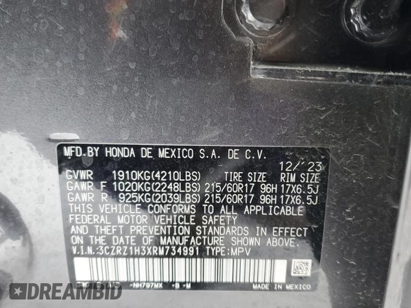 2024 Honda HR-V LX with VIN 3CZRZ1H3XRM734991, listed as a Copart auction lot 45575625 with 12,429 mi miles and Salvage Title. Bid and sale history available at carsss.com. Image 13.