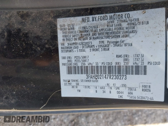 2007 Ford Fusion SEL with VIN 3FAHP02147R230273, listed as a IAAI auction lot 42020726 with 265,569 mi miles. Bid and sale history available at carsss.com. Image 9.