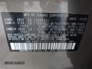 2023 Subaru Outback Premium с VIN 4S4BTAFC5P3147975, выставлен на аукционе IAAI как лот 42589191 с пробегом 32 939 миль миль и . История ставок и продаж доступна на DreamBid. Изображение 9.
