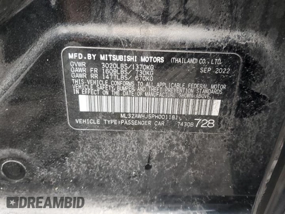 2023 Mitsubishi Mirage Black Edition with VIN ML32AWHJ5PH001181, listed as a Copart auction lot 47870945 with 52,757 mi miles and Salvage title. Bid and sale history available at DreamBid. Image 13.