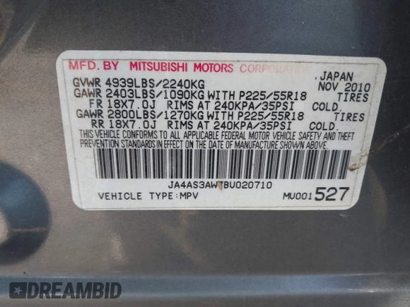 2011 Mitsubishi Outlander SE with VIN JA4AS3AW7BU020710, listed as a IAAI auction lot 41886025 with 195,234 mi miles and . Bid and sale history available at DreamBid. Image 9.
