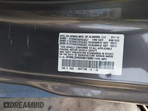 2014 Honda Odyssey Touring with VIN 5FNRL5H92EB073085, listed as a IAAI auction lot 42065913 with 120,834 mi miles and . Bid and sale history available at DreamBid. Image 9.