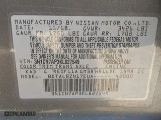 2019 Nissan Versa Sedan SV with VIN 3N1CN7AP3KL827549, listed as a IAAI auction lot 39598066 with 120,817 mi miles. Bid and sale history available at carsss.com. Image 9.