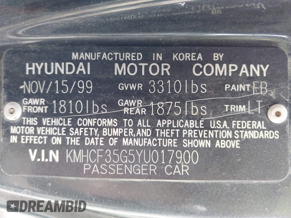 2000 Hyundai Accent z VIN KMHCF35G5YU017900, wystawiony jako IAAI lot #42063663 z przebiegiem 170 283 mil mil oraz . Historia ofert i sprzedaży dostępna na DreamBid. Obrazek 9.