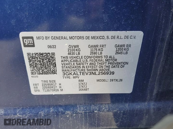 2022 GMC Terrain SLE с VIN 3GKALTEV3NL256939, выставлен на аукционе Copart как лот 62151225 с пробегом 53 468 миль миль и Списание • Salvage title. История ставок и продаж доступна на DreamBid. Изображение 13.
