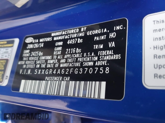 2015 Kia Optima SX Turbo with VIN 5XXGR4A62FG370758, listed as a IAAI auction lot 41631878 with 161,548 mi miles. Bid and sale history available at carsss.com. Image 9.