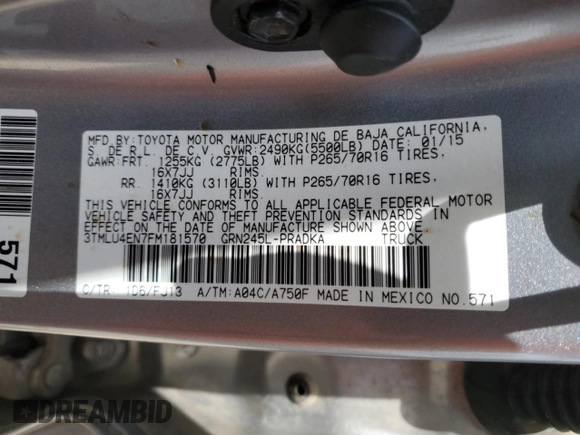 2015 Toyota Tacoma with VIN 3TMLU4EN7FM181570, listed as a Copart auction lot 53056985 with Not Provided miles and Salvage Title. Bid and sale history available at DreamBid. Image 12.