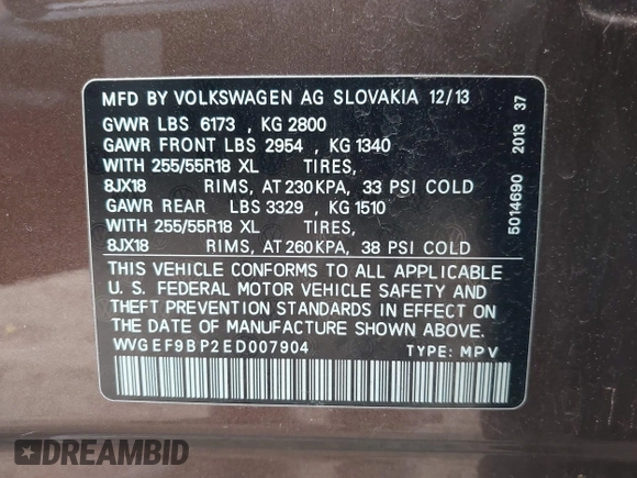 2014 Volkswagen Touareg Sport with VIN WVGEF9BP2ED007904, listed as a IAAI auction lot 41960811 with 126,230 mi miles and . Bid and sale history available at DreamBid. Image 9.
