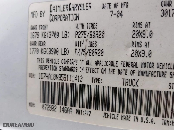 2005 Dodge Ram 1500 SLT with VIN 1D7HA18N95S111413, listed as a IAAI auction lot 41763129 with 304,481 mi miles. Bid and sale history available at carsss.com. Image 9.