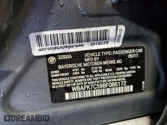 2011 BMW 3 Series 328i xDrive with VIN WBAPK7C59BF086172, listed as a Copart auction lot 49834675 with 182,547 mi miles and Salvage Title. Bid and sale history available at carsss.com. Image 12.
