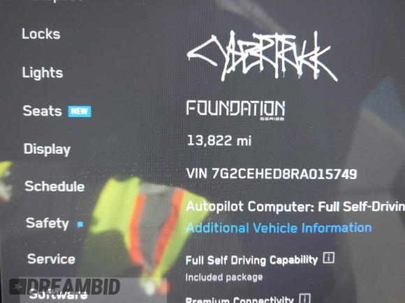 2024 Tesla Cybertruck with VIN 7G2CEHED8RA015749, listed as a IAAI auction lot 41731902 with 13,822 mi miles. Bid and sale history available at carsss.com. Image 7.