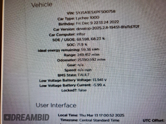 2023 Tesla Model S с VIN 5YJSA1E5XPF500758, выставлен на аукционе Copart как лот 51654685 с пробегом 25 390 миль миль и Списание • Salvage title. История ставок и продаж доступна на DreamBid. Изображение 9.