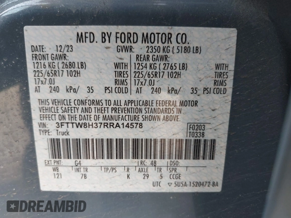 2024 Ford Maverick XLT with VIN 3FTTW8H37RRA14578, listed as a IAAI auction lot 41793702 with 23,560 mi miles and . Bid and sale history available at carsss.com. Image 9.
