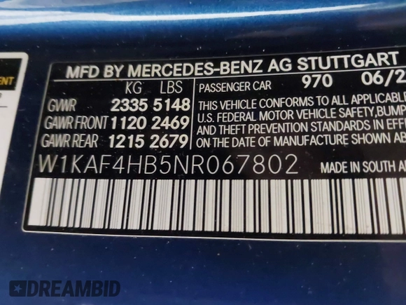 2022 Mercedes-Benz C 300 with VIN W1KAF4HB5NR067802, listed as a IAAI auction lot 41409645 with 44,100 mi miles and . Bid and sale history available at DreamBid. Image 9.