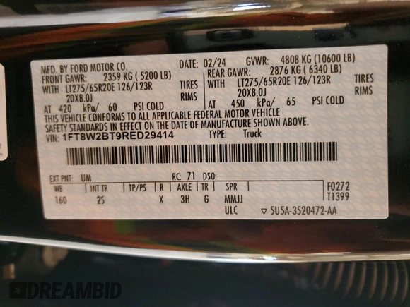 2024 Ford F-250 XL with VIN 1FT8W2BT9RED29414, listed as a Copart auction lot 58941215 with 13,881 mi miles and Salvage title. Bid and sale history available at DreamBid. Image 12.