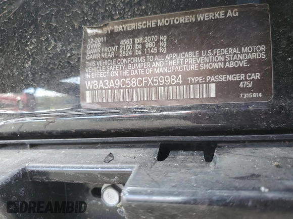2012 BMW 3 Series 335i with VIN WBA3A9C58CFX59984, listed as a Copart auction lot 43690095 with 73,225 mi miles and Salvage title. Bid and sale history available at DreamBid. Image 15.