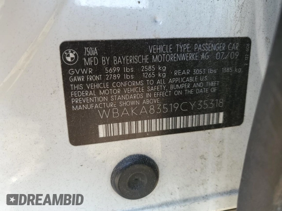 2009 BMW 7 Series 750i with VIN WBAKA83519CY35318, listed as a Copart auction lot 42594275 with 189,874 mi miles and Salvage Title. Bid and sale history available at DreamBid. Image 14.