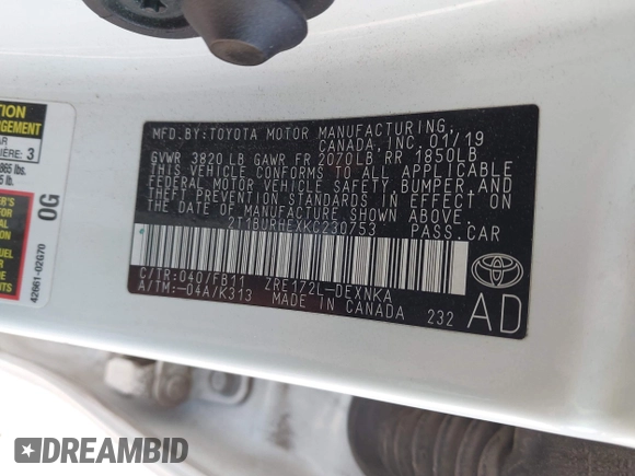 2019 Toyota Corolla L z VIN 2T1BURHEXKC230753, wystawiony jako IAAI lot #41962911 z przebiegiem 80 126 mil mil oraz . Historia ofert i sprzedaży dostępna na DreamBid. Obrazek 9.