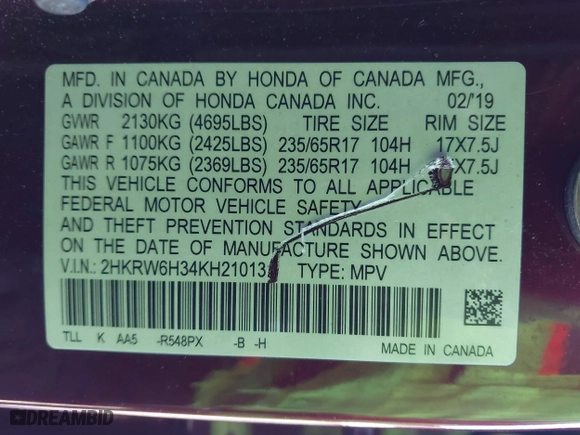 2019 Honda CR-V LX with VIN 2HKRW6H34KH210131, listed as a IAAI auction lot 41776685 with 75,339 mi miles. Bid and sale history available at carsss.com. Image 9.