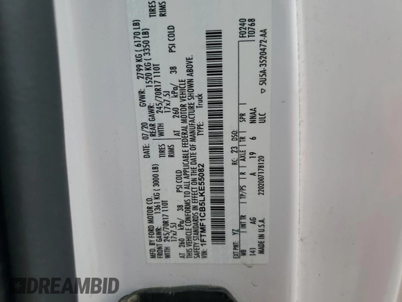 2020 Ford F-150 XL with VIN 1FTMF1CB5LKE55082, listed as a Copart auction lot 51062045 with 145,654 mi miles and Salvage Title. Bid and sale history available at carsss.com. Image 13.