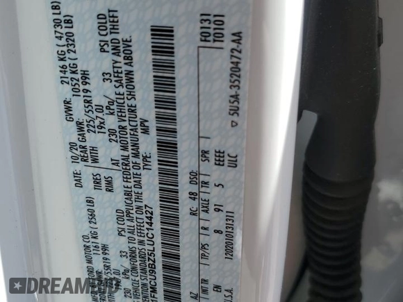 2020 Ford Escape SE Sport Hybrid z VIN 1FMCU9BZ5LUC14427, wystawiony jako Copart lot #57752255 z przebiegiem 8 683 mil mil oraz Szkoda całkowita • Salvage title. Historia ofert i sprzedaży dostępna na DreamBid. Obrazek 13.