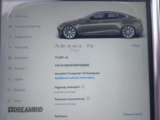 2016 Tesla Model S 70 with VIN 5YJSA1E1XGF126620, listed as a IAAI auction lot 40227035 with 71,400 mi miles and . Bid and sale history available at DreamBid. Image 7.