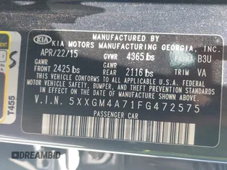 2015 Kia Optima LX with VIN 5XXGM4A71FG472575, listed as a IAAI auction lot 42581639 with 189,348 mi miles and . Bid and sale history available at DreamBid. Image 9.
