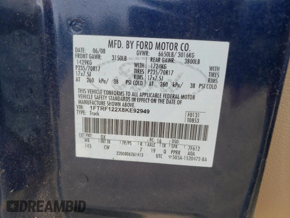 2008 Ford F-150 XL with VIN 1FTRF122X8KE92949, listed as a Copart auction lot 60833295 with 97,847 mi miles and Salvage title. Bid and sale history available at DreamBid. Image 12.