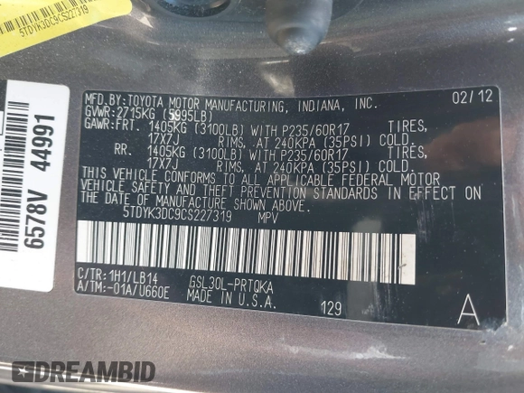 2012 Toyota Sienna XLE AAS with VIN 5TDYK3DC9CS227319, listed as a IAAI auction lot 41773806 with 178,803 mi miles and . Bid and sale history available at carsss.com. Image 9.