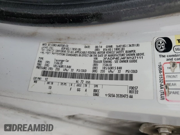 2015 Ford Fiesta SE with VIN 3FADP4EJ4FM127111, listed as a Copart auction lot 54515845 with 174,027 mi miles and Salvage Title. Bid and sale history available at carsss.com. Image 13.