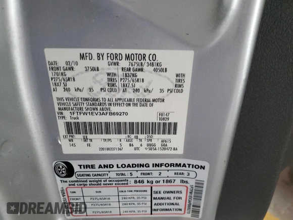 2010 Ford F-150 XL with VIN 1FTFW1EV3AFB69270, listed as a Copart auction lot 66163565 with 176,569 mi miles and Clean title. Bid and sale history available at DreamBid. Image 12.
