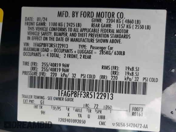 2024 Ford Mustang GT Premium with VIN 1FAGP8FF3R5122913, listed as a Copart auction lot 58345505 with 26,603 mi miles and Clean title. Bid and sale history available at DreamBid. Image 12.