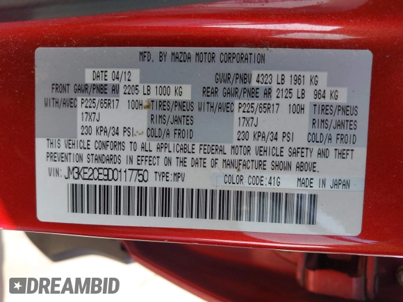 2013 Mazda CX-5 Touring with VIN JM3KE2CE9D0117750, listed as a IAAI auction lot 41858518 with 90,610 mi miles and . Bid and sale history available at carsss.com. Image 9.