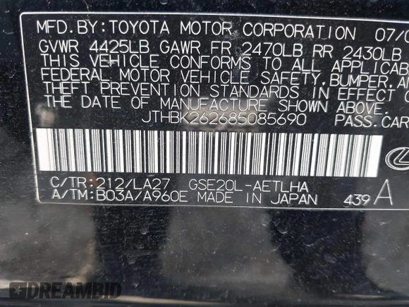 2008 Lexus IS 250 with VIN JTHBK262685085690, listed as a IAAI auction lot 41352917 with 177,055 mi miles and . Bid and sale history available at DreamBid. Image 9.