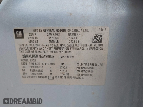 2014 GMC Terrain SLE with VIN 2GKALREK7E6120052, listed as a IAAI auction lot 42288889 with 193,348 mi miles and . Bid and sale history available at DreamBid. Image 9.