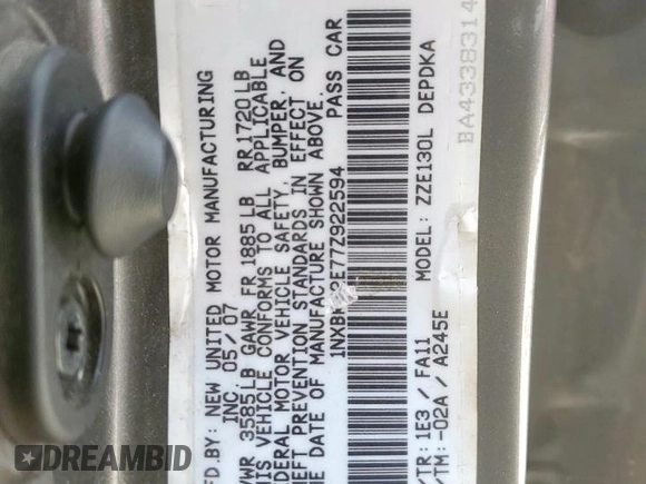 2007 Toyota Corolla CE with VIN 1NXBR32E77Z922594, listed as a Copart auction lot 62608905 with 263,212 mi miles and Salvage title. Bid and sale history available at DreamBid. Image 12.