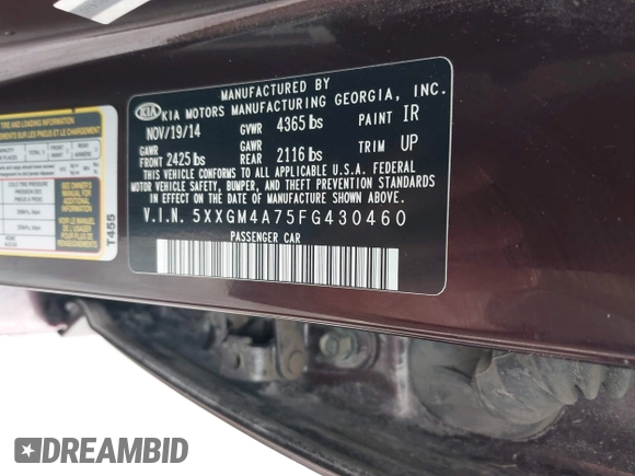 2015 Kia Optima LX with VIN 5XXGM4A75FG430460, listed as a IAAI auction lot 41947052 with 168,303 mi miles and . Bid and sale history available at DreamBid. Image 9.