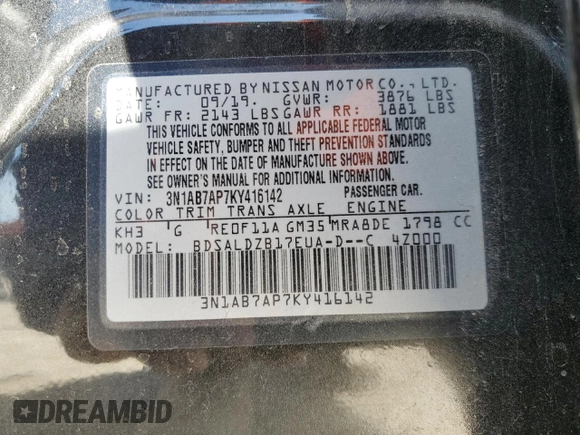 2019 Nissan Sentra SV with VIN 3N1AB7AP7KY416142, listed as a Copart auction lot 49225615 with 82,438 mi miles and Salvage Title. Bid and sale history available at DreamBid. Image 15.