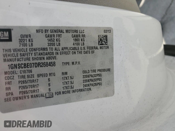 2013 Chevrolet Tahoe LT with VIN 1GNSCBE07DR268458, listed as a Copart auction lot 54859725 with 172,063 mi miles and Salvage title. Bid and sale history available at DreamBid. Image 12.