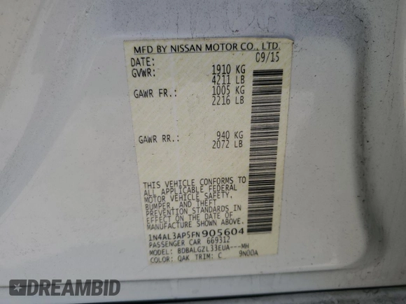 2015 Nissan Altima 2.5 S with VIN 1N4AL3AP5FN905604, listed as a Copart auction lot 49890425 with 128,469 mi miles and Salvage Title. Bid and sale history available at carsss.com. Image 13.